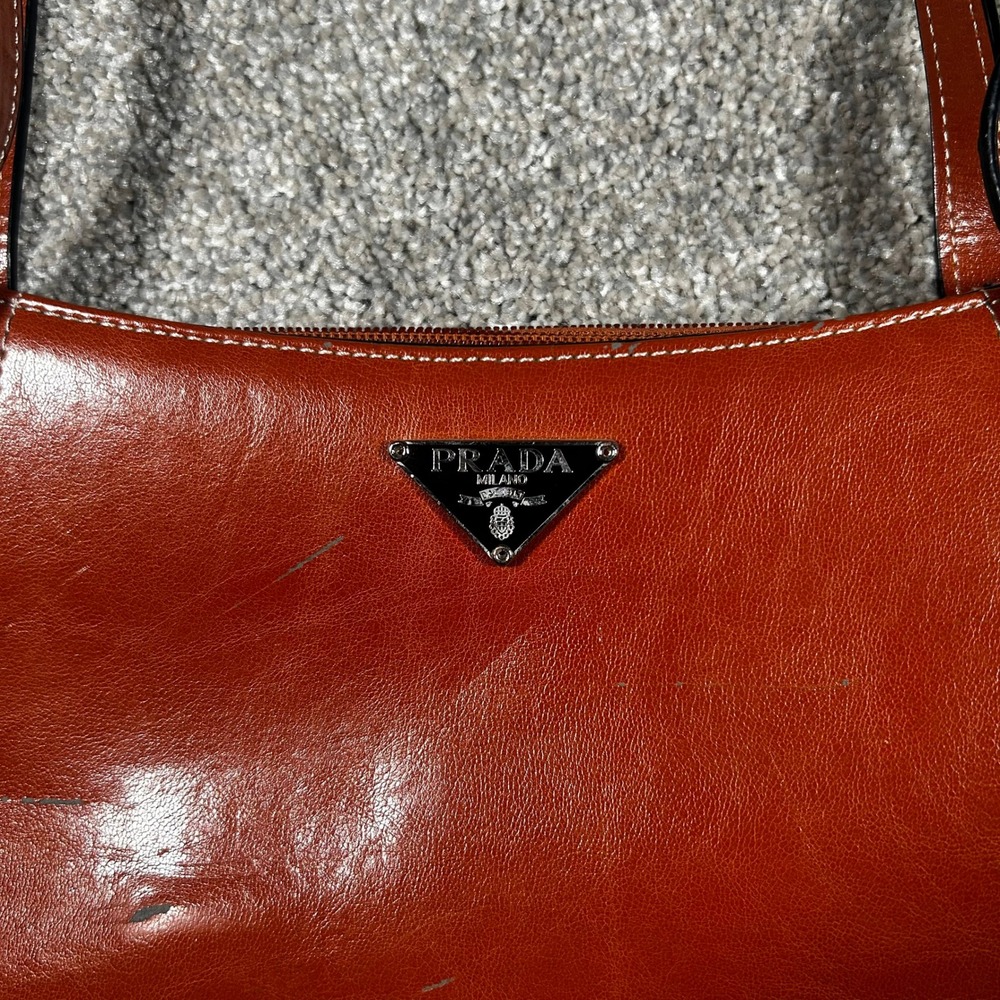 Prada Vintage Glazed Leather Shoulder Bag Burnt Orange Baguette Triangle Logo - Picture 5 of 8